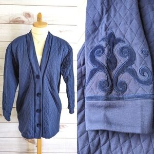 Neiman Marcus Vintage Quilted and Embroidered Button Down Jacket in Blue  Sz Lrg
